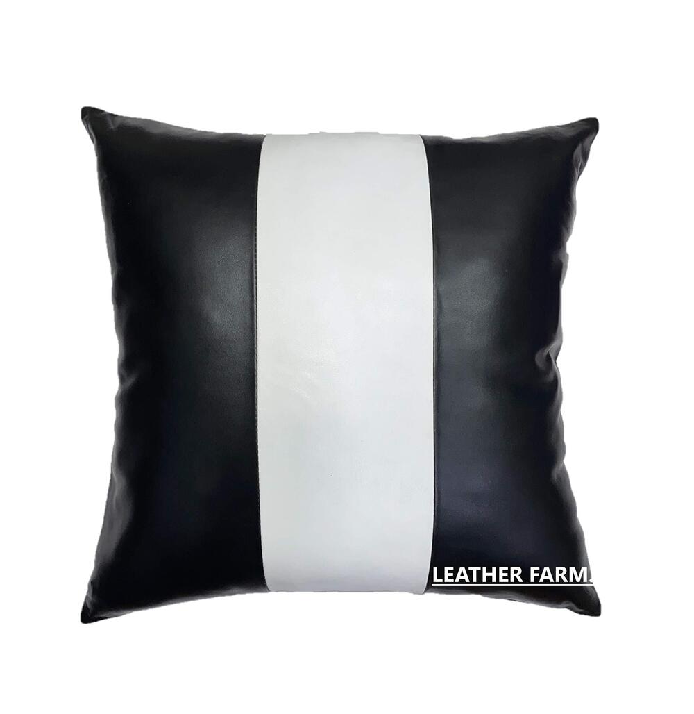 7582 Black & White Stripe Handstiched Lambskin Leather Cushion Pillow Cover